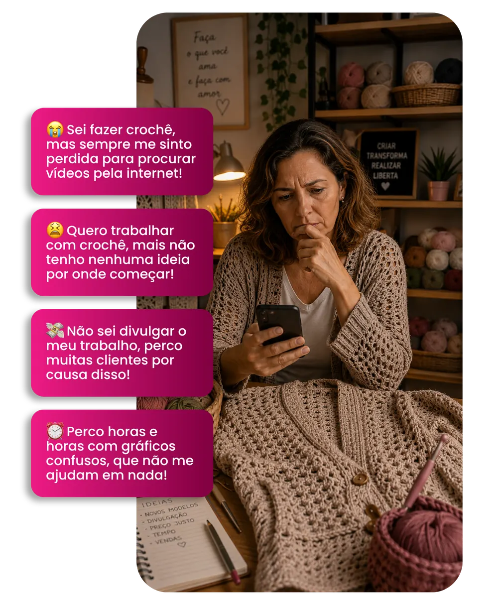 Mulher preocupada com dificuldades no crochê